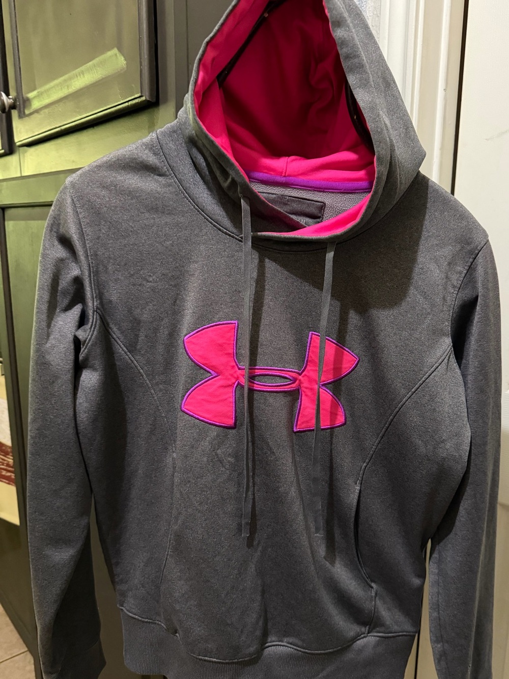 Under Armour Gray Hoodie with Pink Logo & Lined Hood